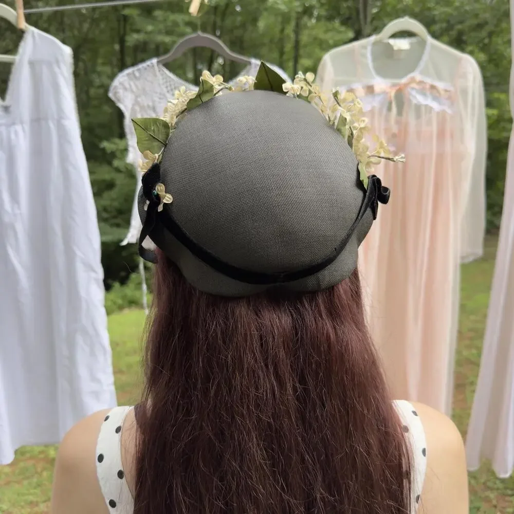 40s garden party tilt hat wavy scallop brim blossom black velvet ribbon bow